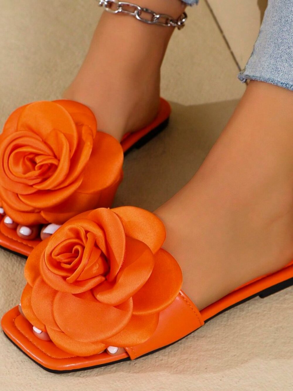 Orange Elegant Women's Floral Open-Toe Sandals - Picture 2 of 5